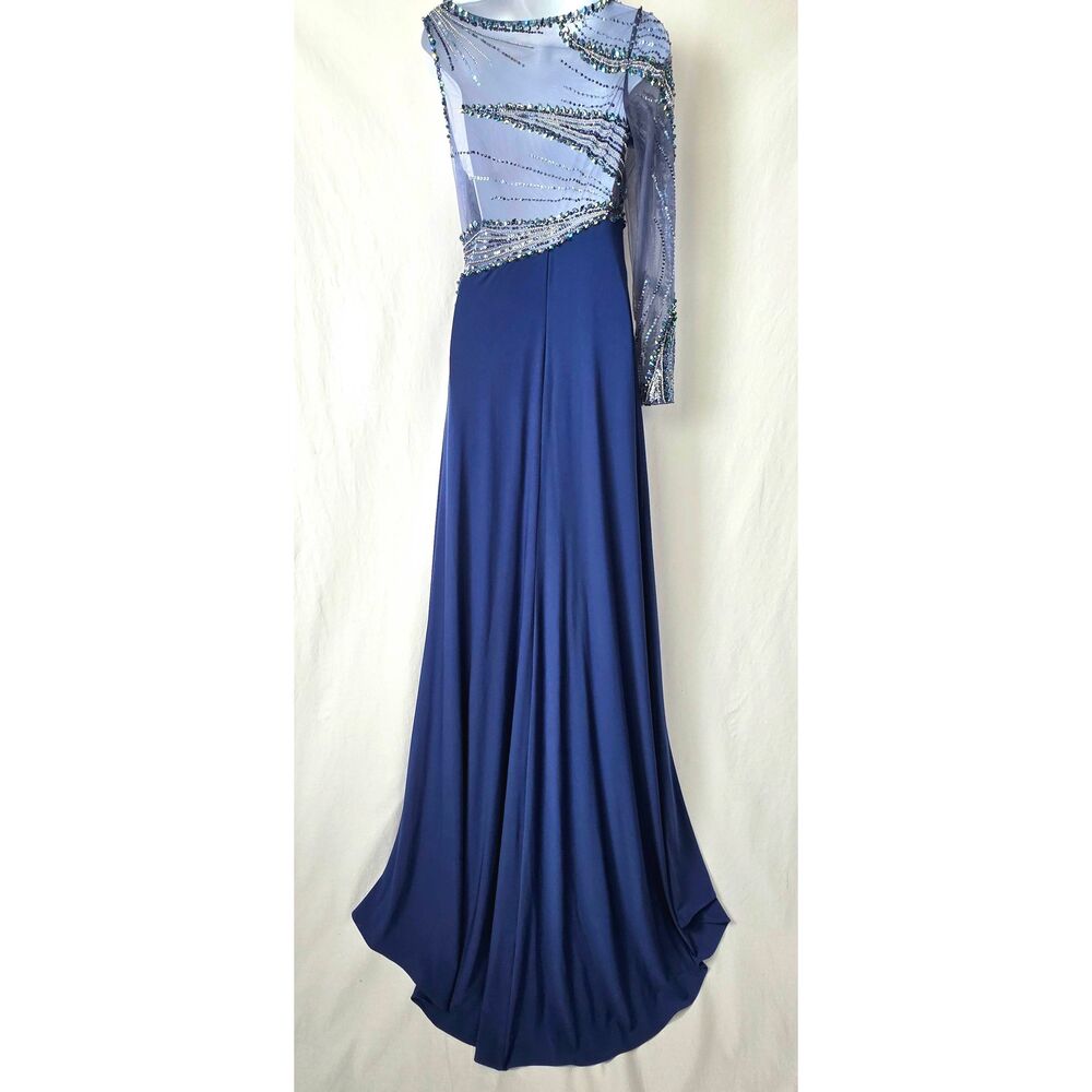 TONY BOWLS Blue Beaded One Shoulder Prom Gown - Picture 13 of 16